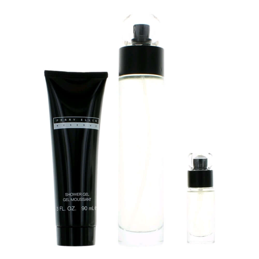 Reserve by Perry Ellis, 3 Piece Deluxe Gift Set for Men including Eau De Toilette Spray, Shower Gel, mini EDT.