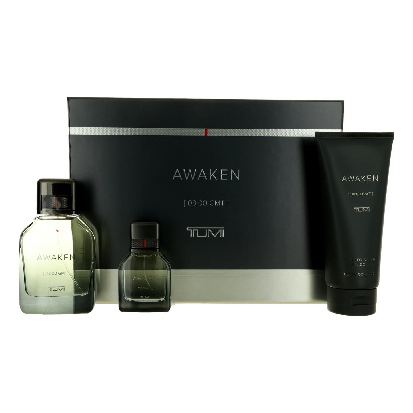 Tumi Awaken men's 3-piece gift set: glass bottle, small bottle, and dark lotion tube