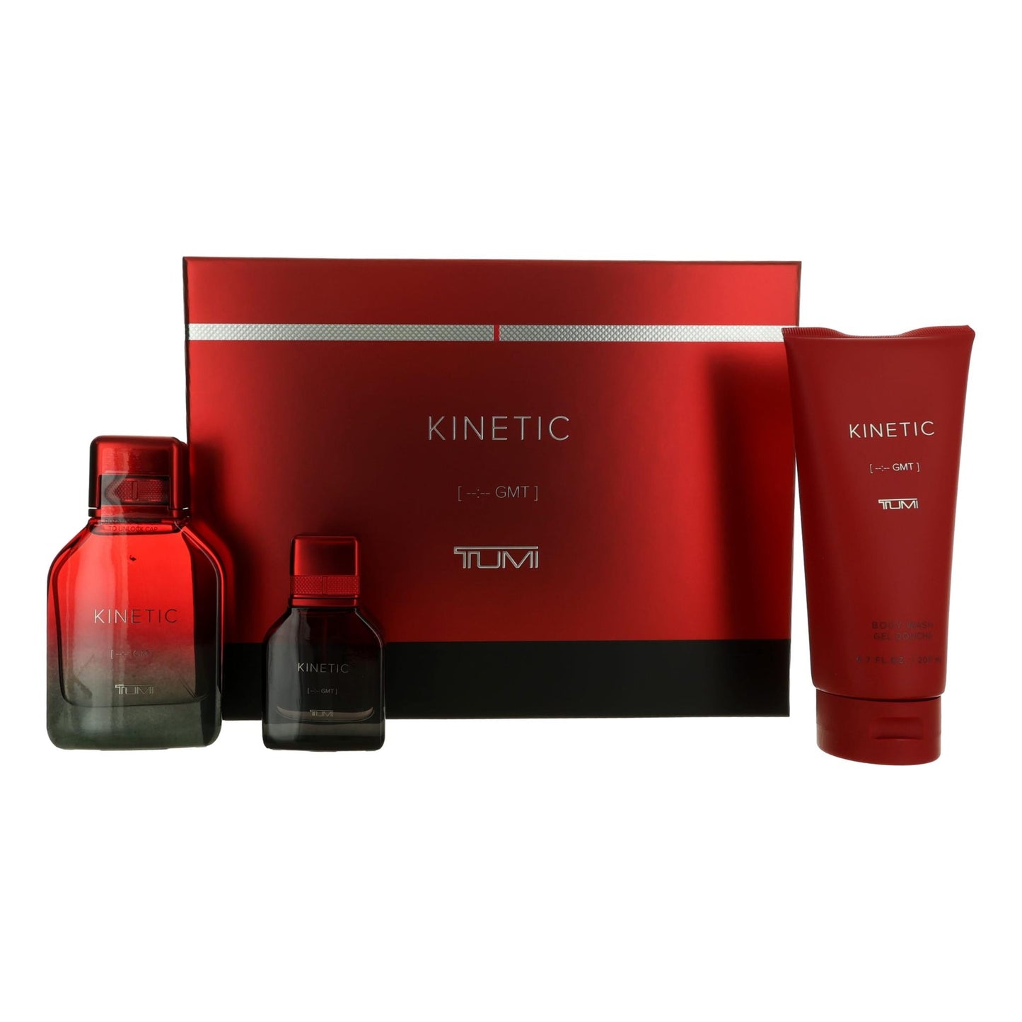 Men's Kinetic gift set: red box, bottle, small bottle, tube.