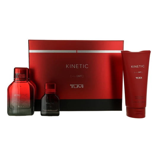 Tumi Kinetic 3-piece men's gift set in red: box, bottle, mini bottle, tube