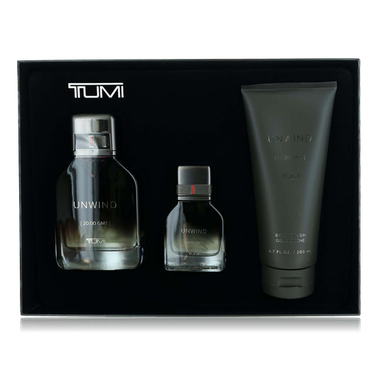 Tumi Unwind men's 3-piece gift set: two bottles and lotion tube in box.