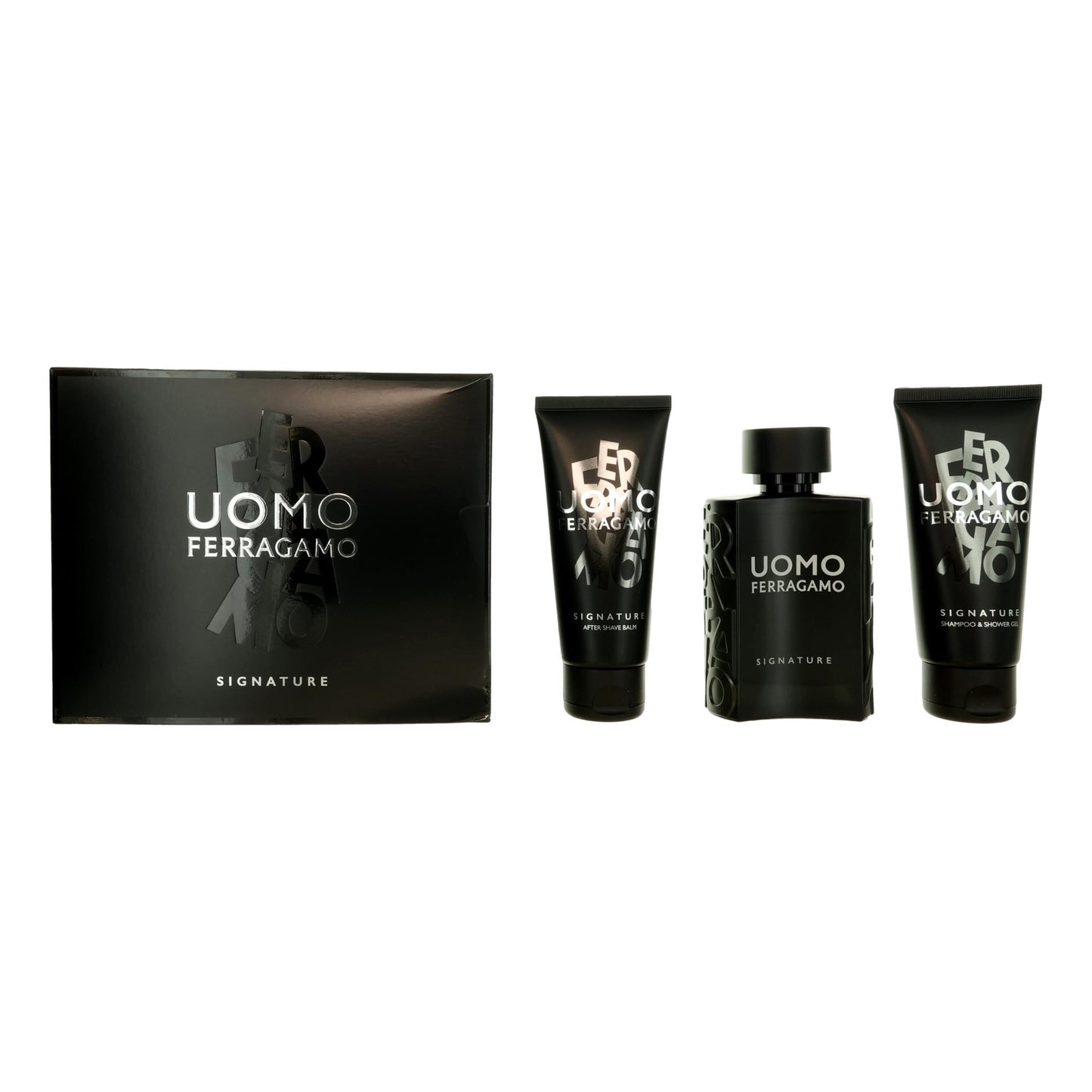 Uomo Signature men’s grooming set with box and three bottles