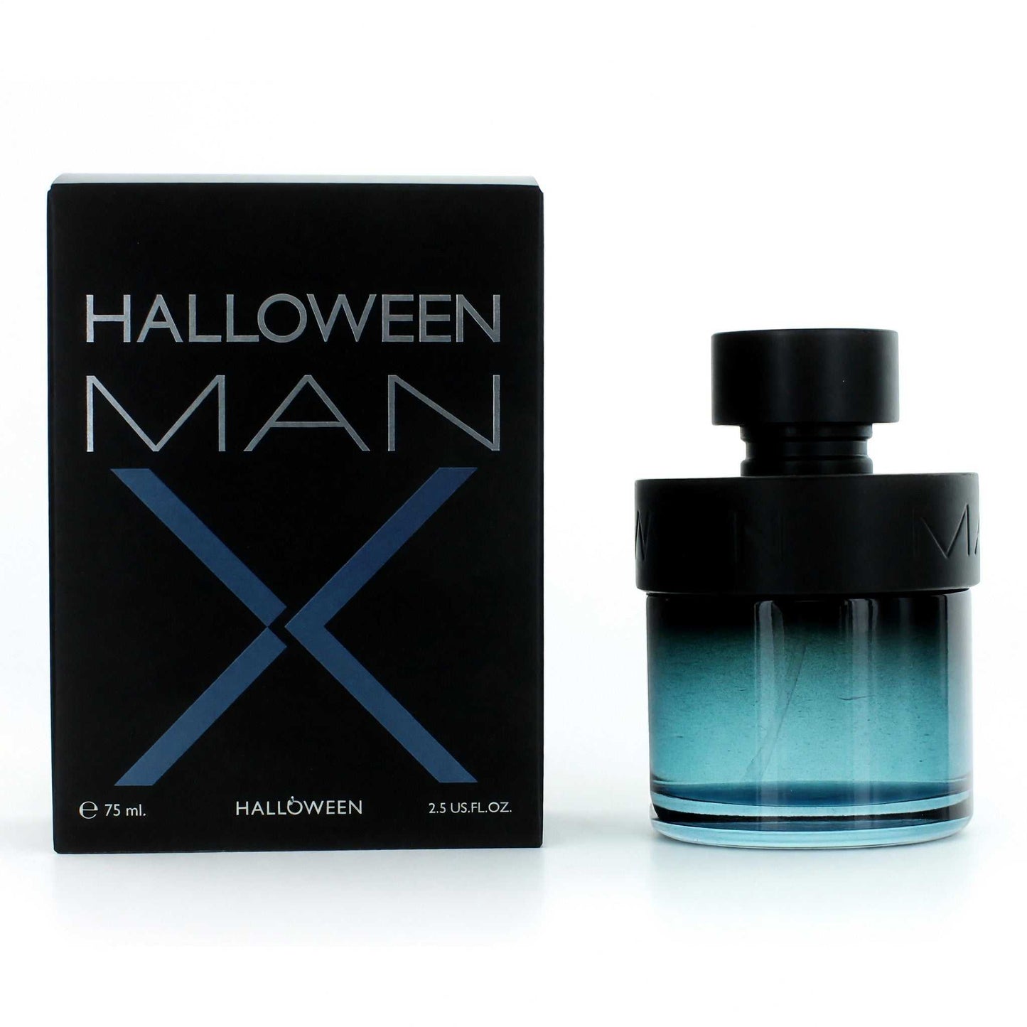 Men's EDT spray set: black bottle with blue liquid, black cap, matching box