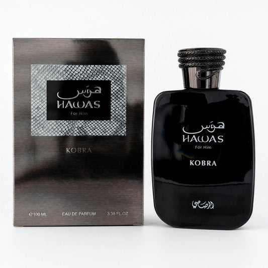 Hawas Kobra men's EDP spray: dark glass bottle with textured cap, shown with box
