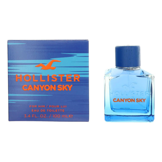 Hollister Canyon Sky men’s EDT spray bottle with matching blue product box