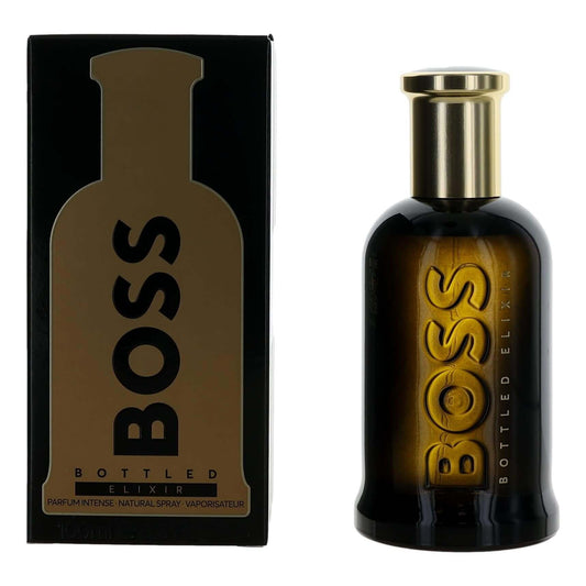 Boss Bottled Elixer by Hugo Boss, 3.4 oz Parfum Intense Spray for Men with box packaging.