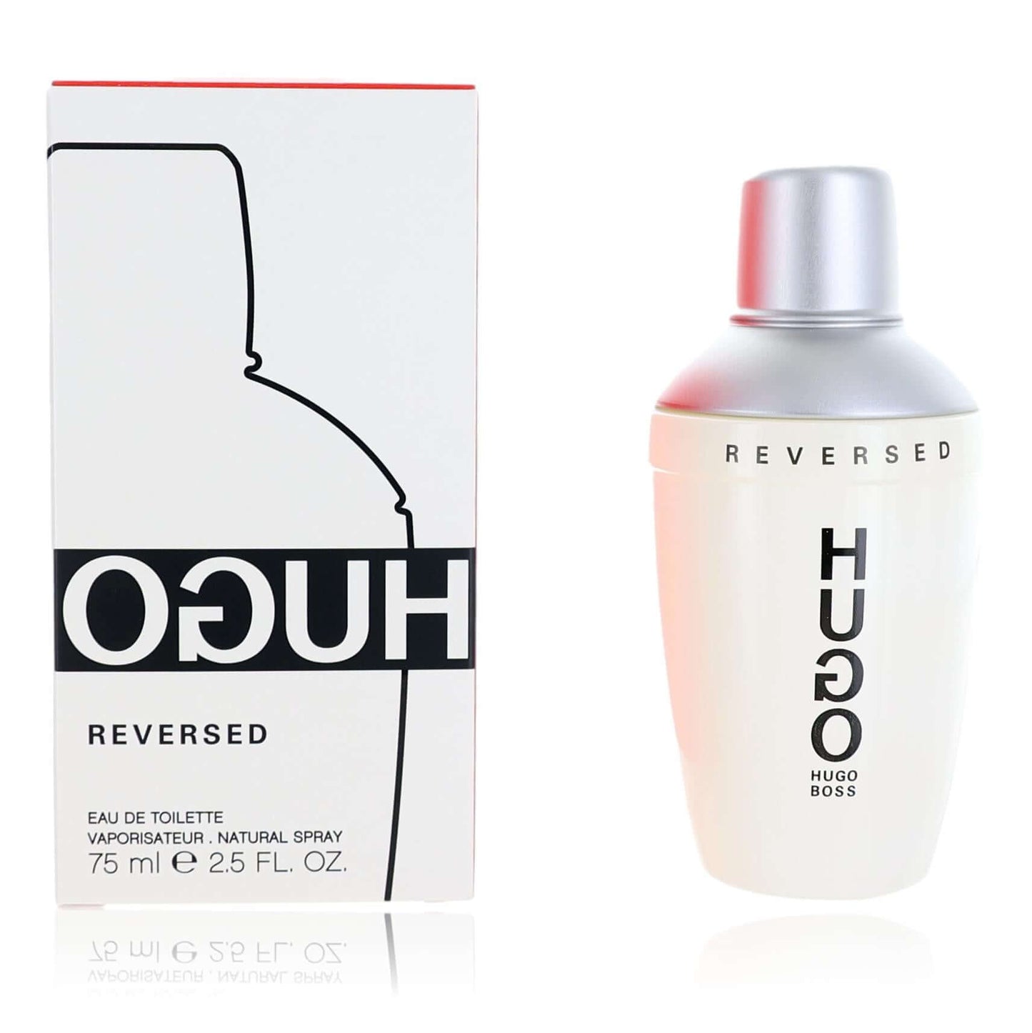 Hugo Reversed men's eau de toilette spray bottle with silver cap, 75 ml.