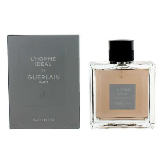 Men's eau de parfum spray bottle with black cap and clear glass, plus gray box