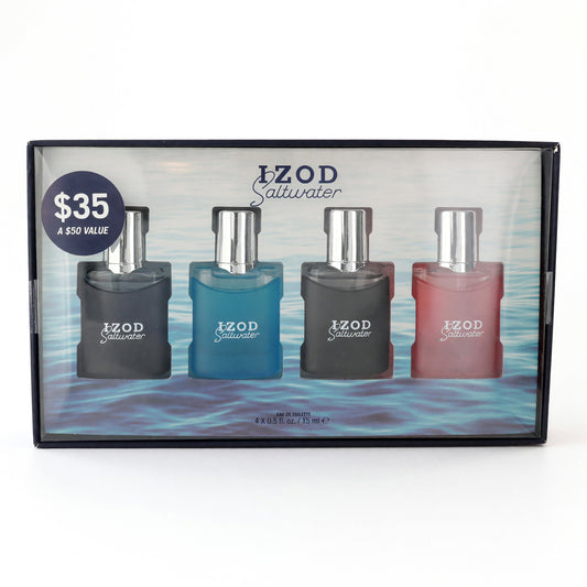Men's Izod Saltwater 4-piece cologne set in four boxed bottles: blue, teal, brown, pink