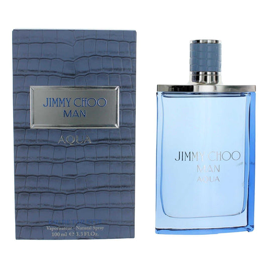 Jimmy Choo Man Aqua for men: blue EDT spray bottle with silver cap and matching box