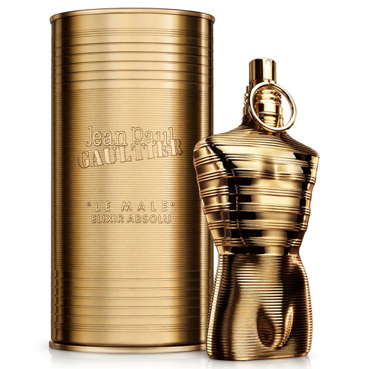 Men's gold parfum spray bottle and cylindrical canister