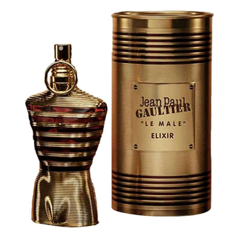 Jean Paul Gaultier Le Male Elixir by JPG, 2.5 oz Parfum Spray for Men in stylish bottle and packaging.