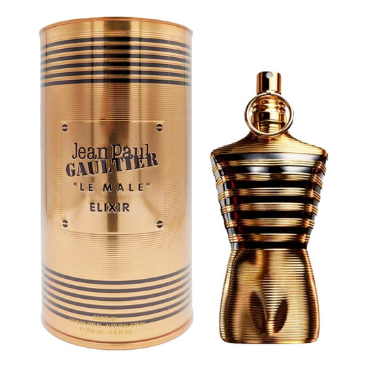 Men's parfum elixir bottle and gold cylindrical canister