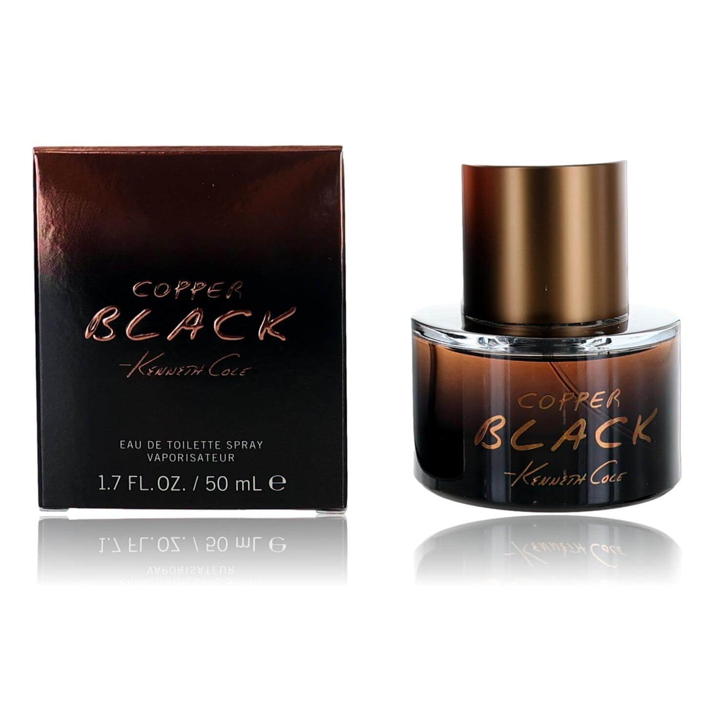 Men's Copper Black Eau de Toilette spray, box and dark glass bottle with metallic cap.