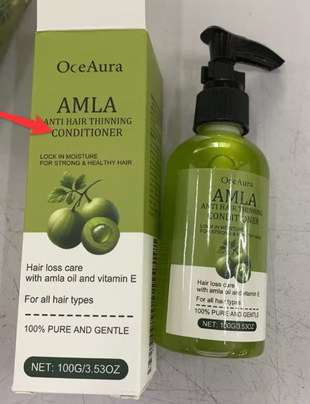 OceAura Amla Anti Hair Thinning Conditioner bottle and packaging on a gray background