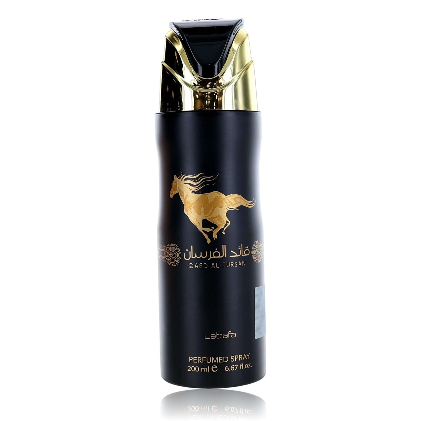 Perfumed deodorant spray bottle, black with gold cap and horse emblem; Lattafa