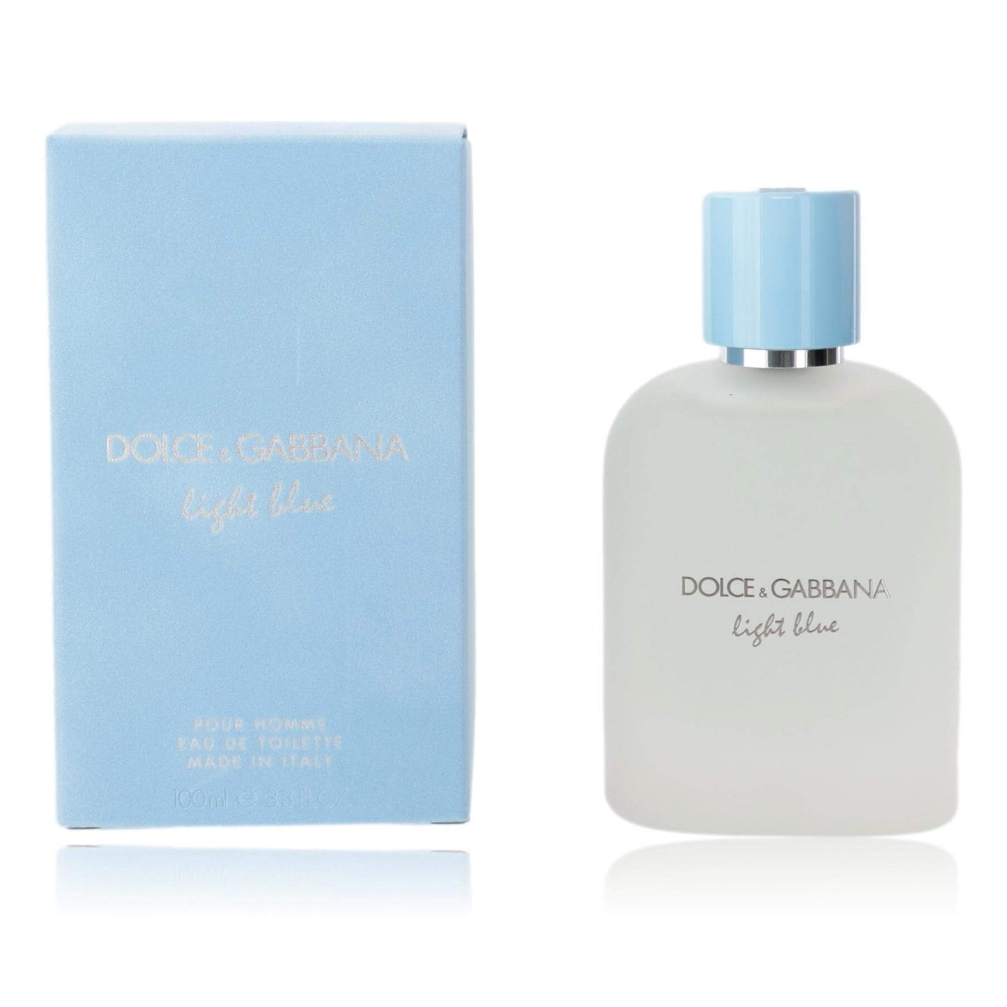 Light Blue by Dolce & Gabbana, 3.3 oz EDT Spray for Men in a frosted bottle with a light blue cap and box.
