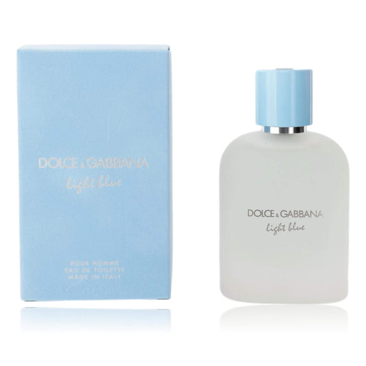 Light Blue by Dolce & Gabbana, 3.3 oz EDT Spray for Men in a frosted bottle with a light blue cap and box.