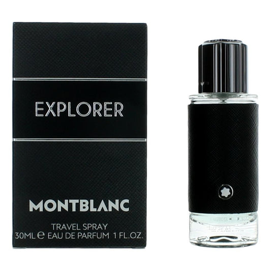 Men's Explorer by Mont Blanc EDP travel spray bottle, 1 oz, black with chrome cap
