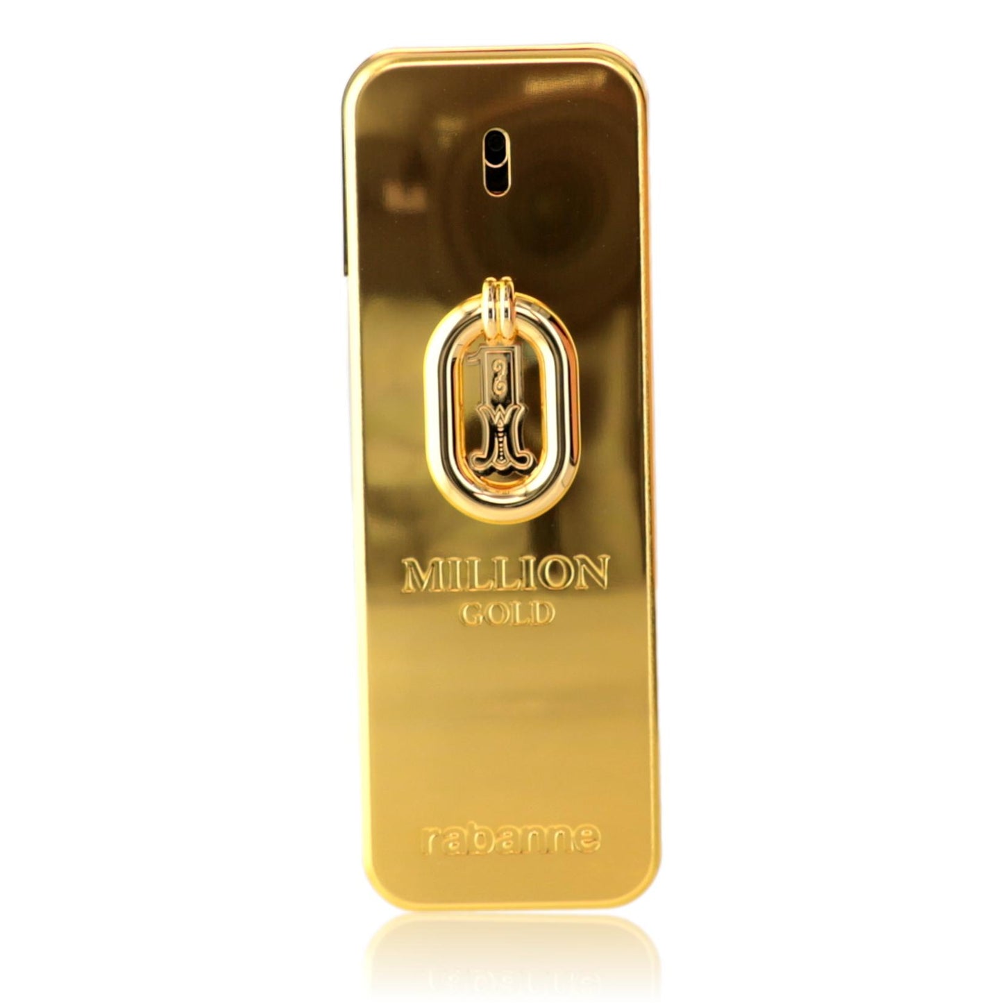 Gold Paco Rabanne perfume bottle with metal emblem and 'Million Gold' label