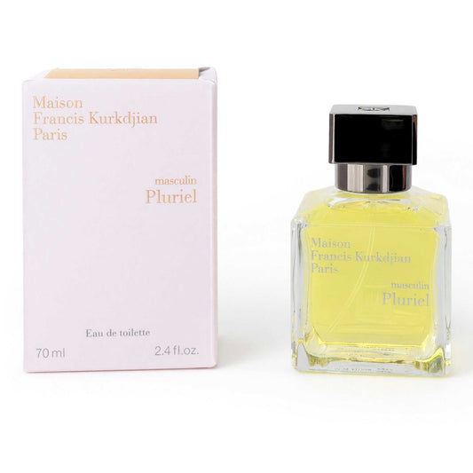 Men's Eau de Toilette spray, Masculin Pluriel bottle with black cap and pale yellow liquid.