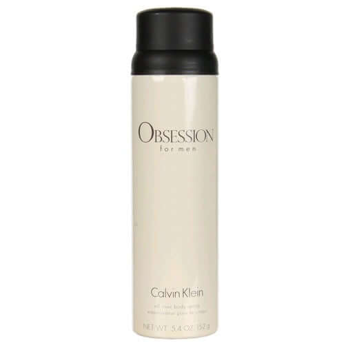 Men's body spray bottle with black cap, Obsession by Calvin Klein label