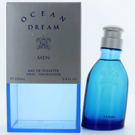 Men's eau de toilette spray bottle with light-blue glass and cap, next to matching box.