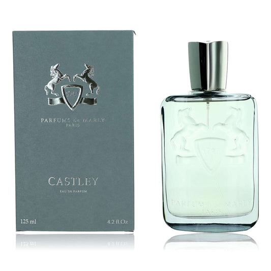 Perfume bottle and packaging of Castley with a silver cap on a white background