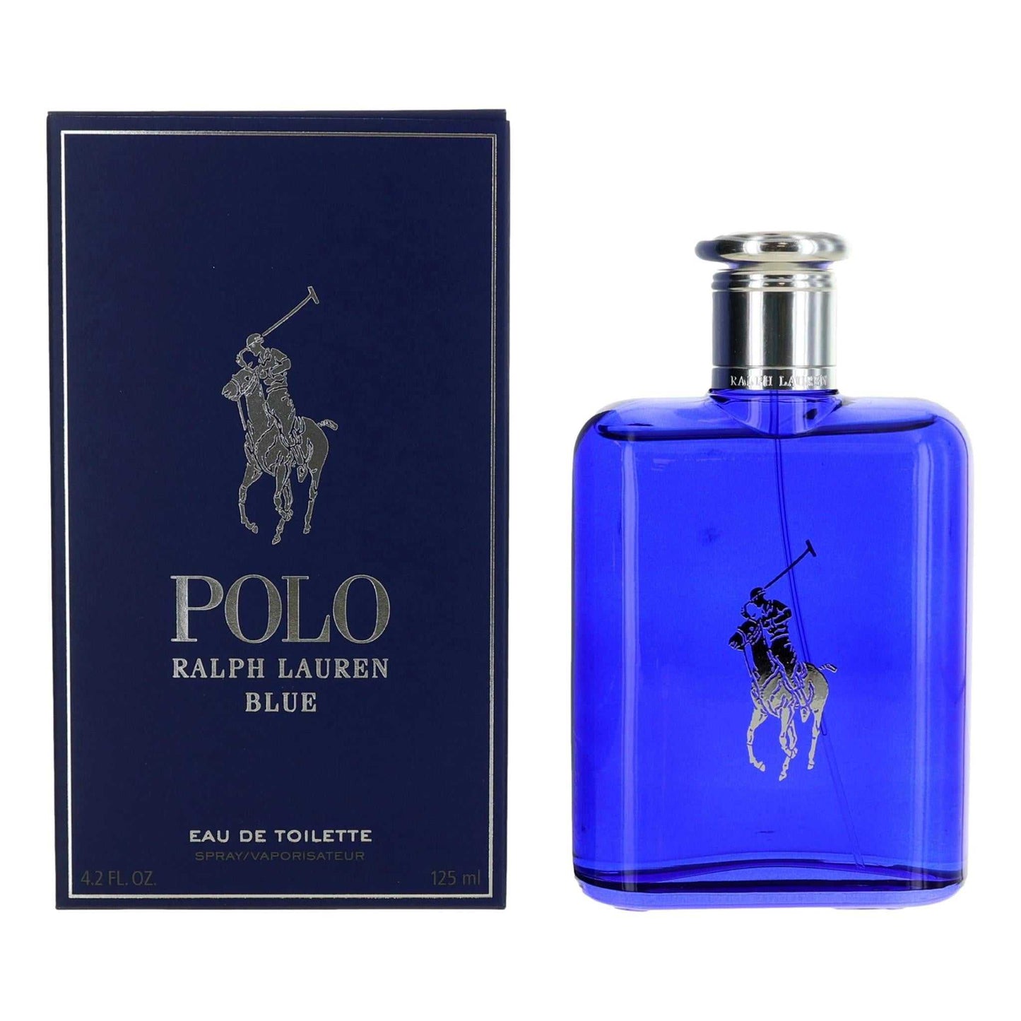Men's Polo Blue EDT spray bottle with polo logo on blue glass and matching box