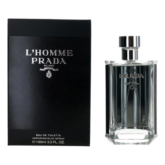 Prada L'Homme Milano men's EDT spray bottle, silver cap, with black box