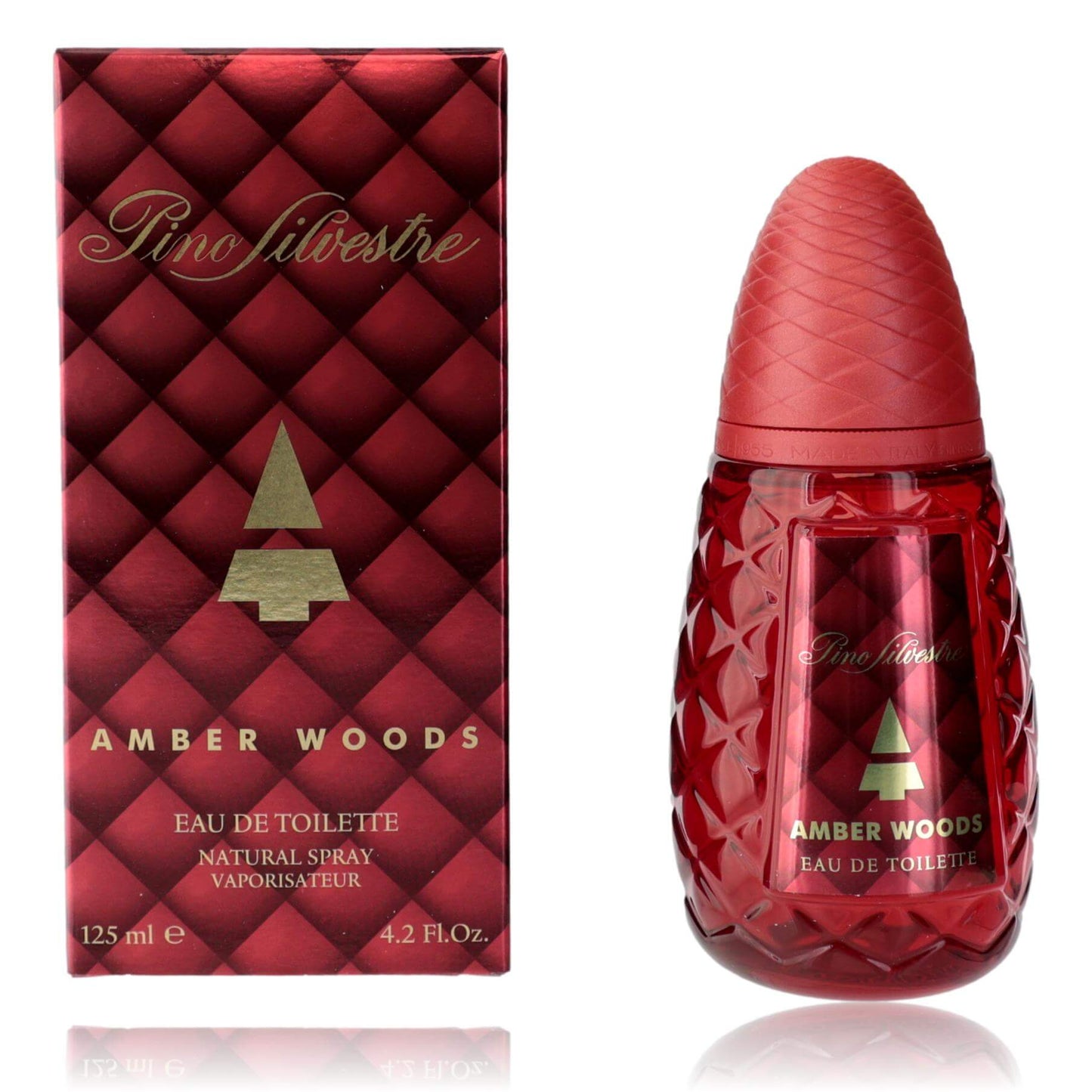 Pino Silvestre Amber Woods by Pino, 4.2 oz EDT Spray for Men in a stylish red bottle with packaging.