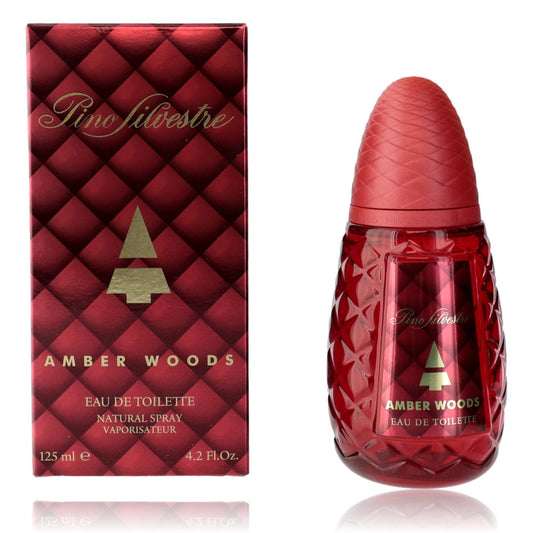 Pino Silvestre Amber Woods by Pino, 4.2 oz EDT Spray for Men in a stylish red bottle with packaging.