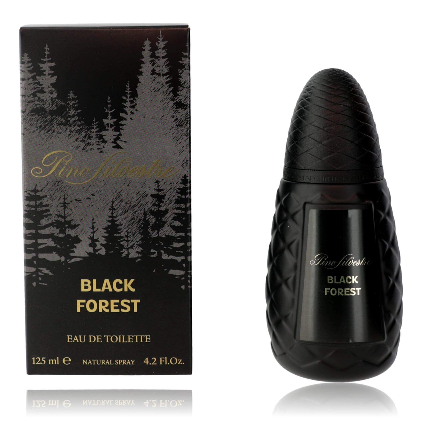 Pino Silvestre Black Forest by Pino, 4.2 oz EDT Spray for Men with a stylish black forest-themed packaging.