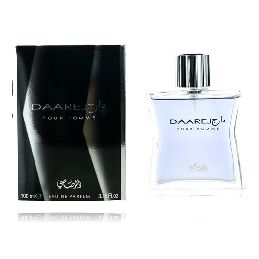 Men's eau de parfum spray with clear glass bottle, metal cap, and dark gift box