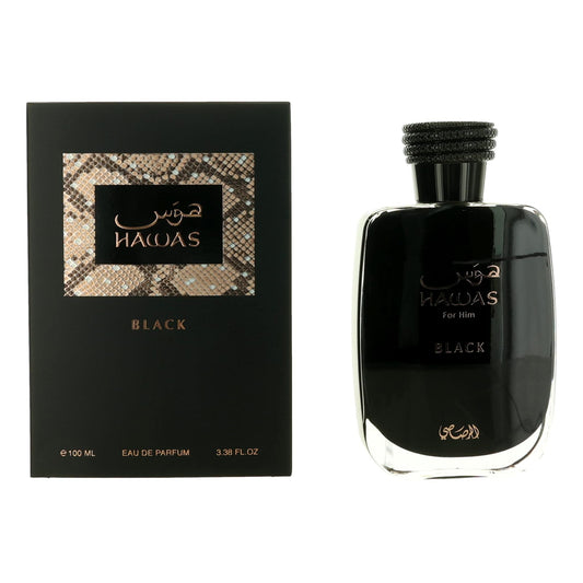 Hawas Black by Rasasi men's EDP spray bottle with black cap and label