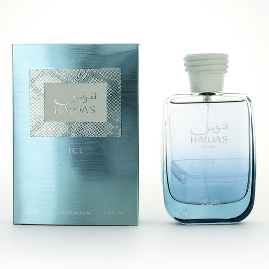 Hawas Ice for men EDP spray, clear square bottle with blue tint and silver cap