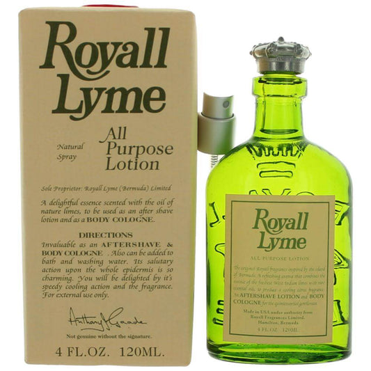 Royall Lyme by Royall Fragrances, 4oz All Purpose Lotion Spray men in a green bottle with unique design.