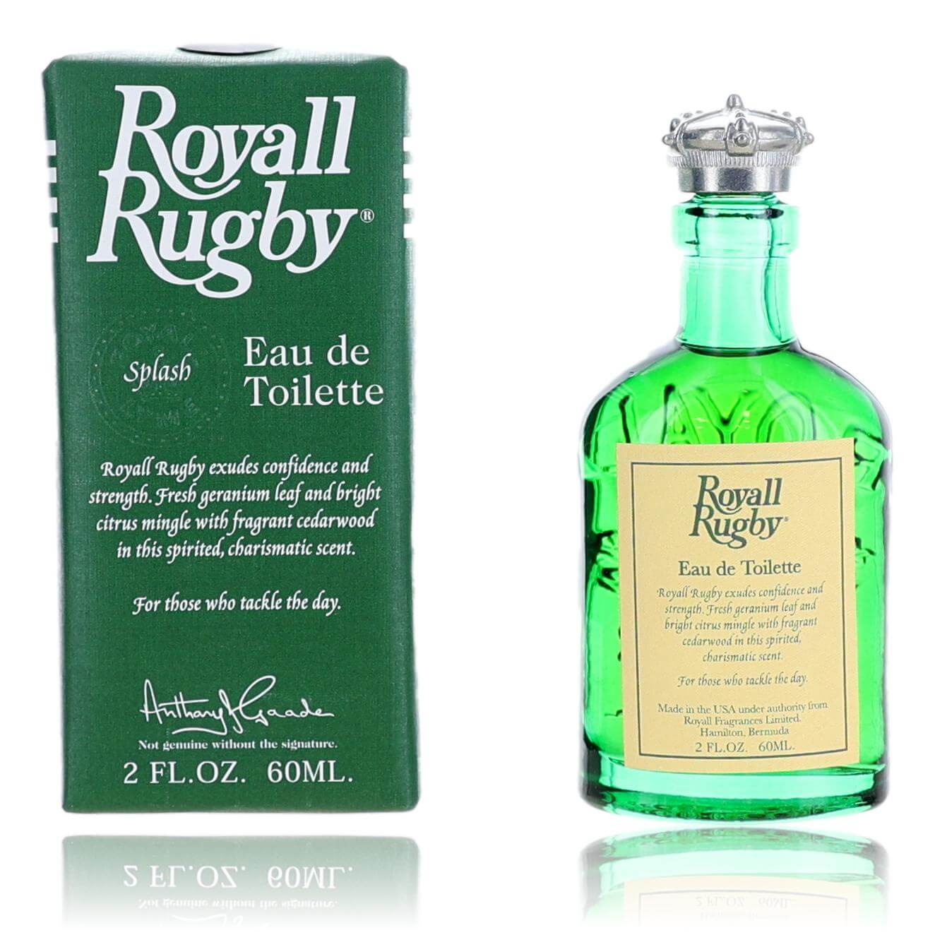 Royall Rugby men's EDT splash bottle with green glass and label, 2 fl oz box