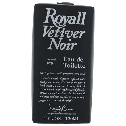 Royall Vetiver Noir by Royall Fragrance, 4 oz EDT Spray for Men on a stylish black background.