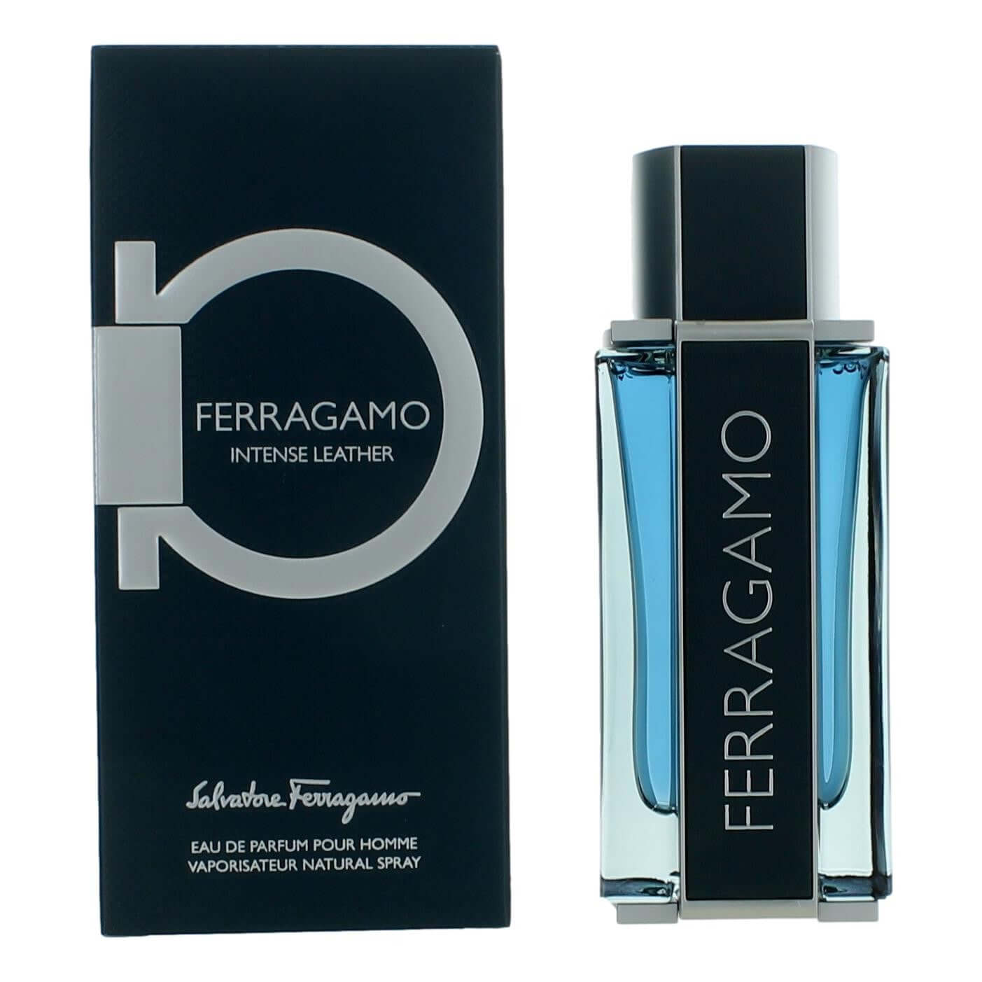 Ferragamo Intense Leather by Salvatore Ferragamo, 3.4oz EDP Spray men in a sleek bottle and packaging.