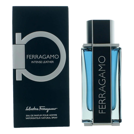 Ferragamo Intense Leather by Salvatore Ferragamo, 3.4oz EDP Spray men in a sleek bottle and packaging.