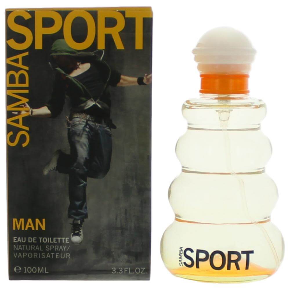 Men's EDT spray bottle with orange cap; SPORT label on glass bottle and box