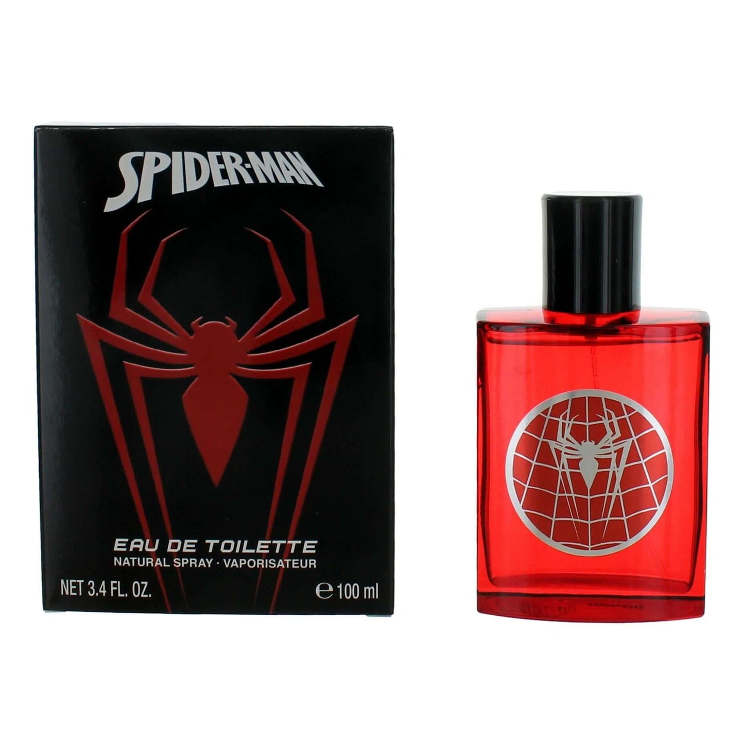 Spider-Man eau de toilette spray for men, red bottle with web logo and box