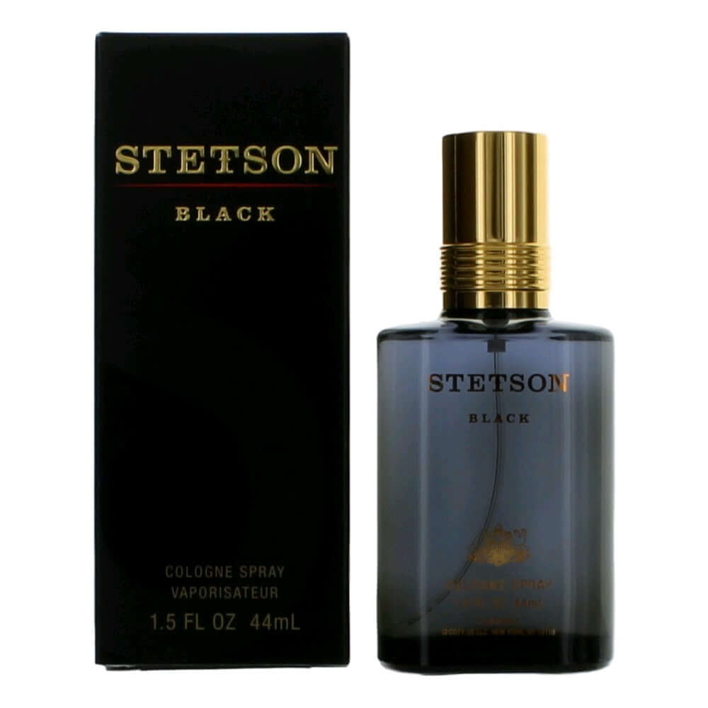 Stetson Black by Coty, 1.5 oz Cologne Spray for Men in an elegant bottle with box, a woody spicy fragrance.