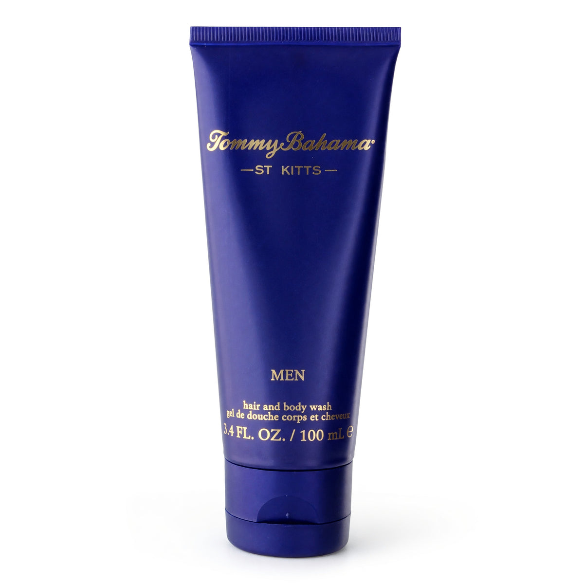Men’s shower gel tube, dark blue with flip-top cap; 3.4 fl oz / 100 ml