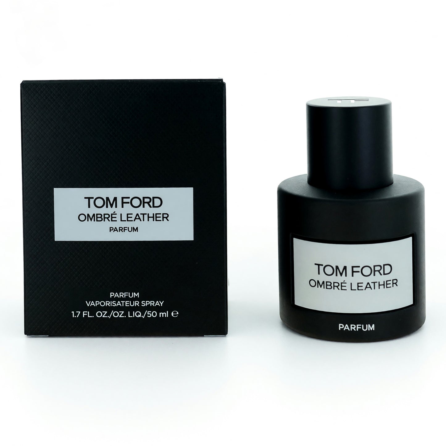 Tom Ford Ombre Leather men's parfum spray, dark bottle with label and matching box.
