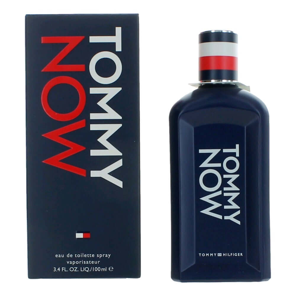 Tommy Now EDT spray for men, dark blue bottle with silver cap and red stripe