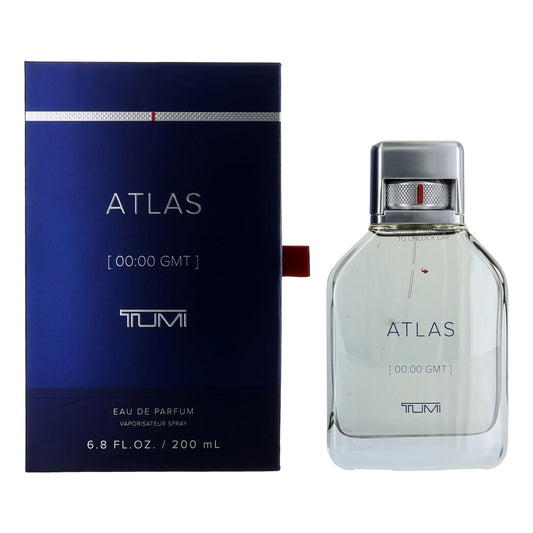 Tumi Atlas eau de parfum spray for men, glass bottle with silver cap, in navy box