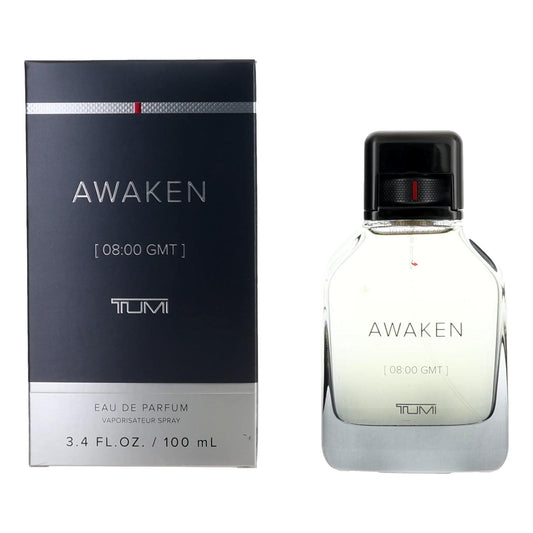 Awaken by Tumi men's eau de parfum spray, clear bottle with black cap and label