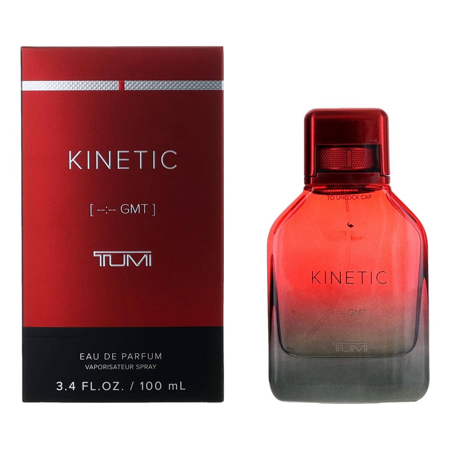 Tumi Kinetic men's eau de parfum spray bottle with red box, 3.4 oz